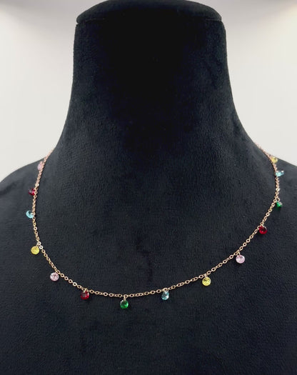 Rainbow Confetti Crystal Drop Necklace | Rose-Gold Cable Chain Choker