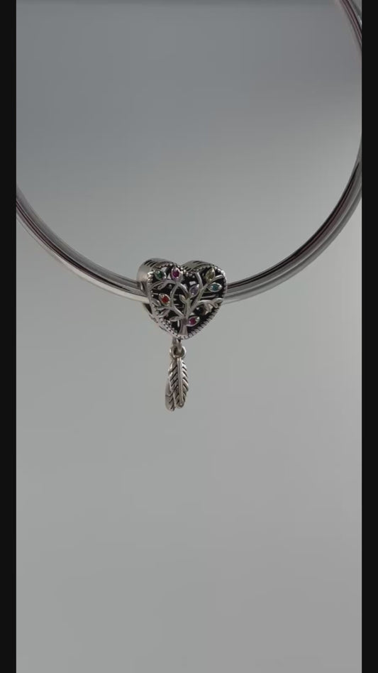 Sterling Silver Tree of Life Heart Charm with Feather Dangle