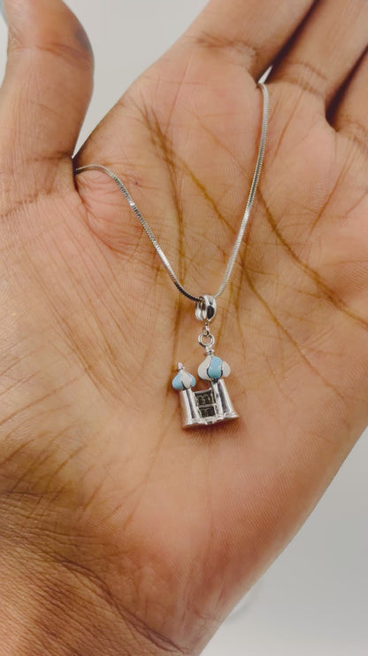 Sterling Silver Mosque Architectural Charm Pendant with Blue & White Enamel – 925 Silver Religious Jewelry