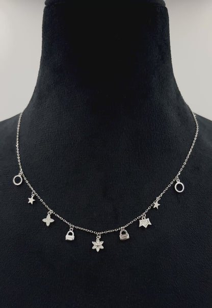 Sterling-Silver Charm Cascade Necklace with CZ Stars, Hearts & Mini Handbag Dangles