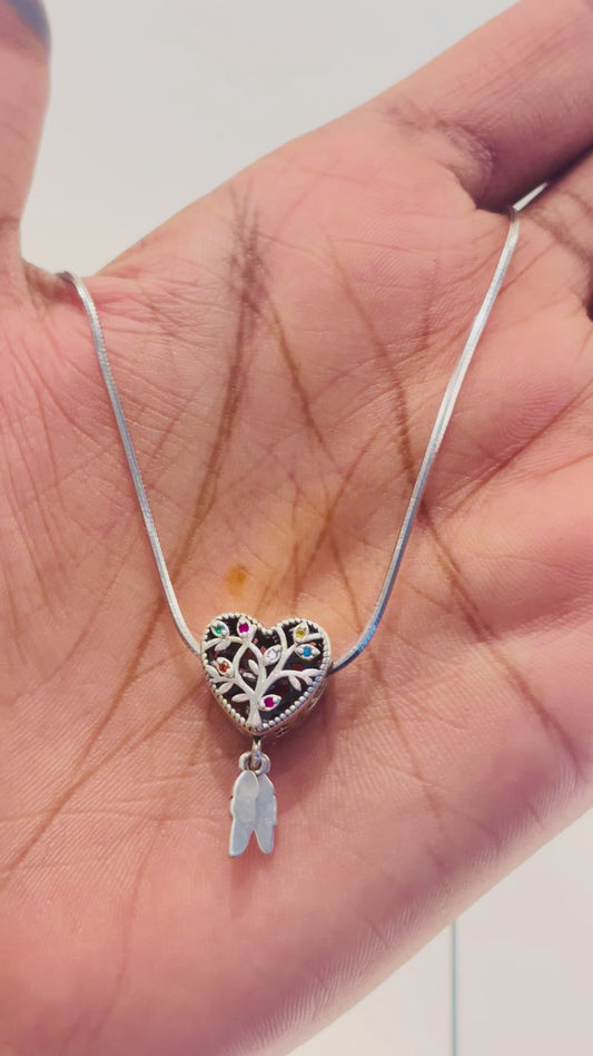 Sterling Silver Tree of Life Heart Charm with Feather Dangle