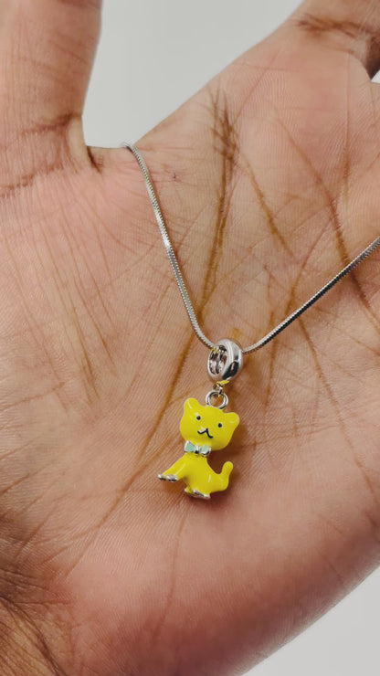 Yellow Cat Charm Pendant in Sterling Silver with Enamel Bow Tie – Cute Cat Jewelry Accessory