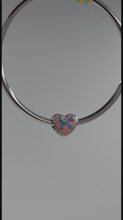 Pink Heart Bow Charm – Sterling Silver Enamel Bead for Bracelet