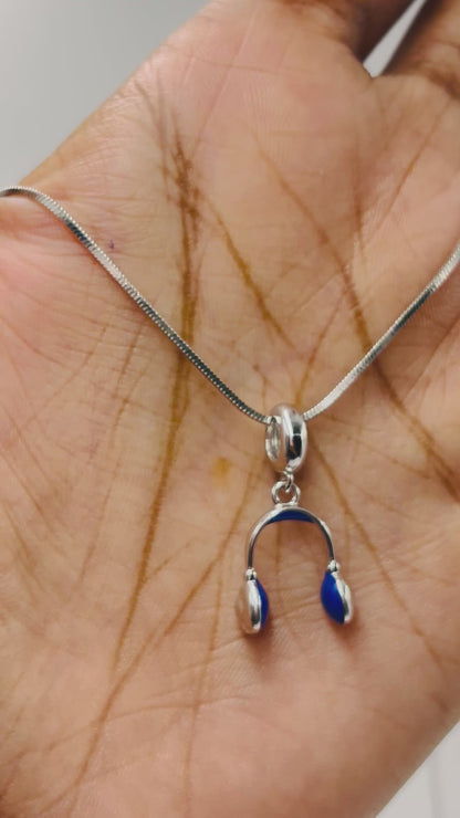 Sterling Silver Headphone Charm Pendant with Blue Enamel