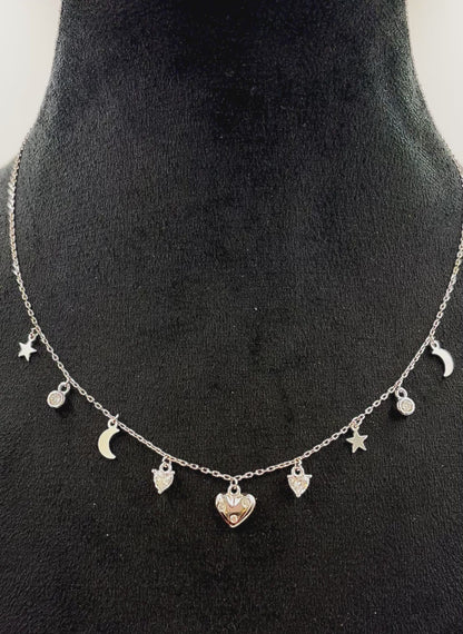 Sterling Silver Celestial Charm Necklace – Heart, Star & Moon Dangle Choker