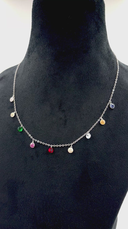 Rainbow Crystal Drop Necklace | Sterling-Silver Charm Choker with Multicolor Birthstone Cubic Zirconia