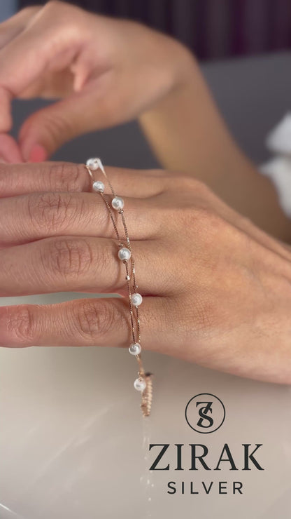 Layered Rose-Gold Pearl Station Bracelet | Double-Strand 925 Sterling Silver