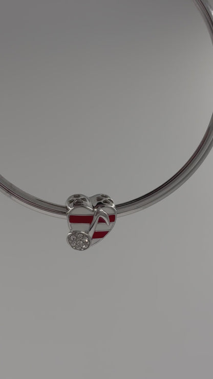 Striped Heart Musical Note Charm in Sterling Silver – Red & White Enamel with CZ Accents