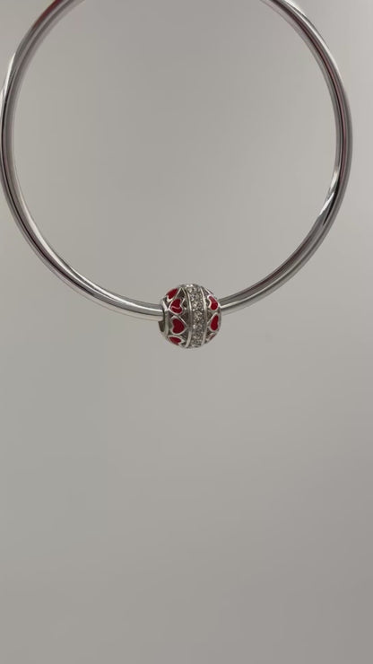Pink Heart Enamel Charm Bead with Crystal Center – Sterling Silver Fit