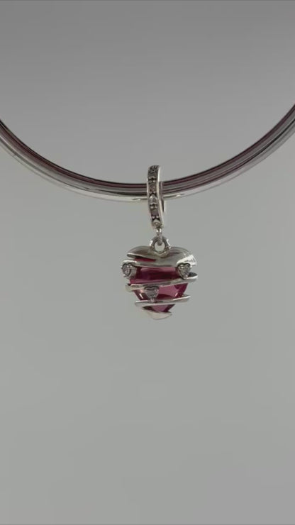 Silver Wrapped Heart Charm Pendant with Red Crystal and CZ Accents
