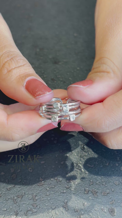 925 Silver Multi-Band Square CZ Ring | Adjustable Sterling Silver Statement Band Ring