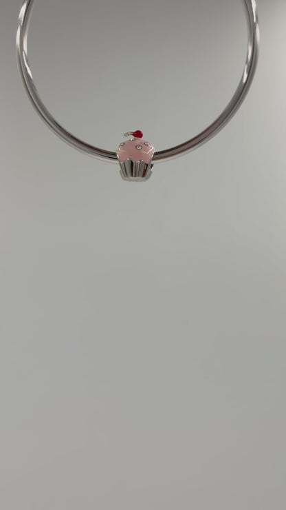 925 Sterling Silver Pink Cupcake Charm with CZ Sprinkles & Red Enamel Cherry