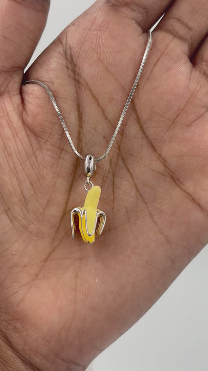 Sterling Silver Banana Charm Pendant with Yellow and Green Enamel – 925 Silver Fruit Jewelry