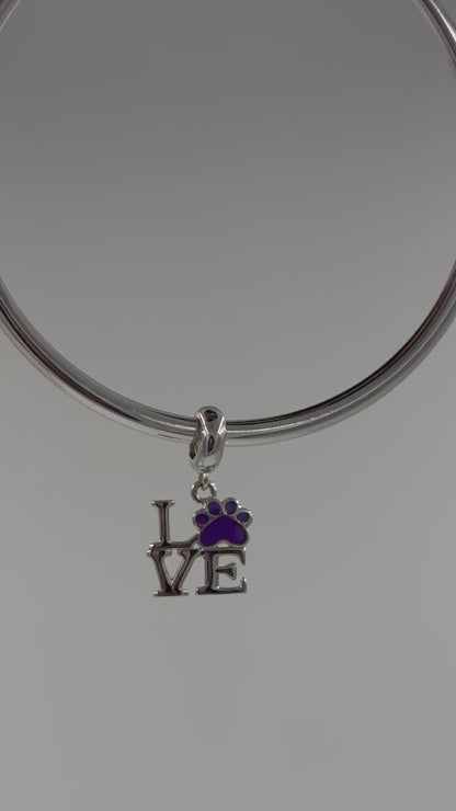 Sterling Silver “LOVE” Paw Print Dangle Charm with Purple Enamel