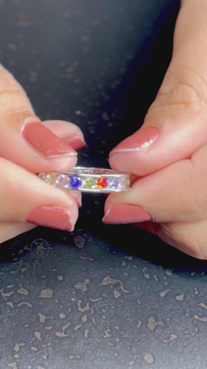 925 Silver Multi-Stone Eternity Band | Rainbow CZ Ring | Colorful Stackable Silver Jewelry for Women