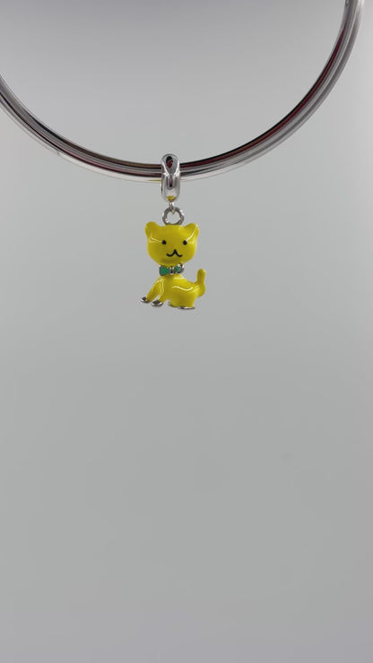 Yellow Cat Charm Pendant in Sterling Silver with Enamel Bow Tie – Cute Cat Jewelry Accessory