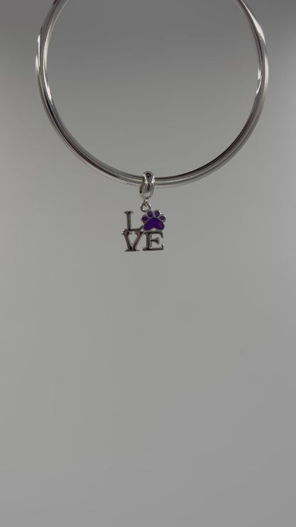 Sterling Silver “LOVE” Paw Print Dangle Charm with Purple Enamel