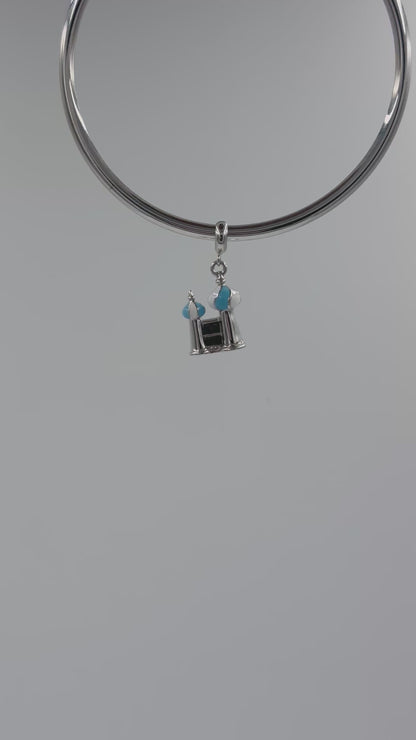 Sterling Silver Mosque Architectural Charm Pendant with Blue & White Enamel – 925 Silver Religious Jewelry