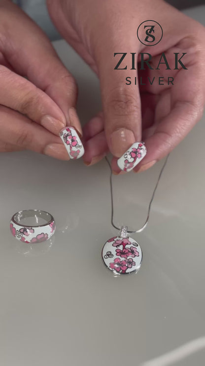 Cherry-Blossom Enamel Ring in 925 Sterling Silver | Pink Sakura Floral Band with CZ Accents