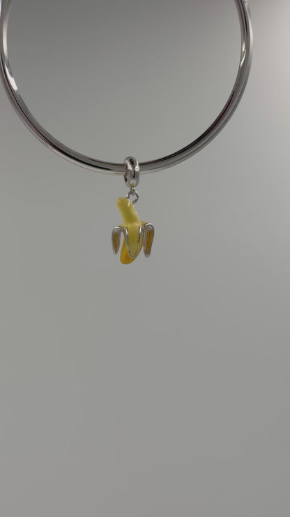 Sterling Silver Banana Charm Pendant with Yellow and Green Enamel – 925 Silver Fruit Jewelry