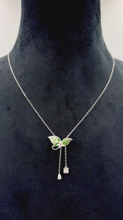 Emerald-Green Butterfly Y-Lariat – Hand-Enamelled Sterling-Silver Necklace