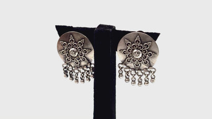 Sharvani Earrings – Oxidised 925 Silver Sunburst Stud Earrings with Ghungroo Drops