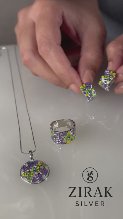 Sterling Silver Wildflower Enamel Jewelry Set – Round Pendant Necklace, Blossom Huggie Earrings & Wide Band Ring