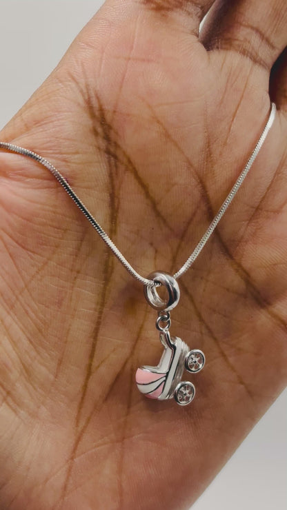 Sterling Silver Baby Stroller Enamel Charm – Light Blue & White Pram Pendant for Bracelets & Necklaces