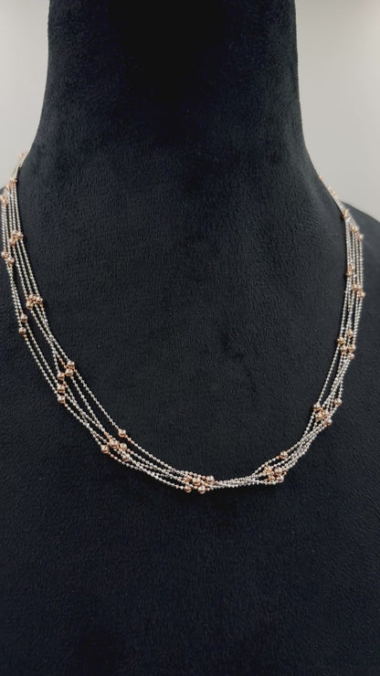 Two-Tone Sterling Silver & Rose-Gold Bead Multi-Strand Layered Necklace – Adjustable 16-18 in