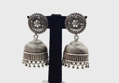 Devika Jhumkas – Statement Oxidised 925 Silver Dome Earrings