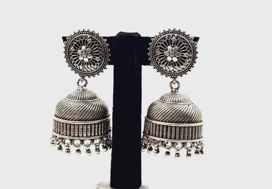 Devika Jhumkas – Statement Oxidised 925 Silver Dome Earrings