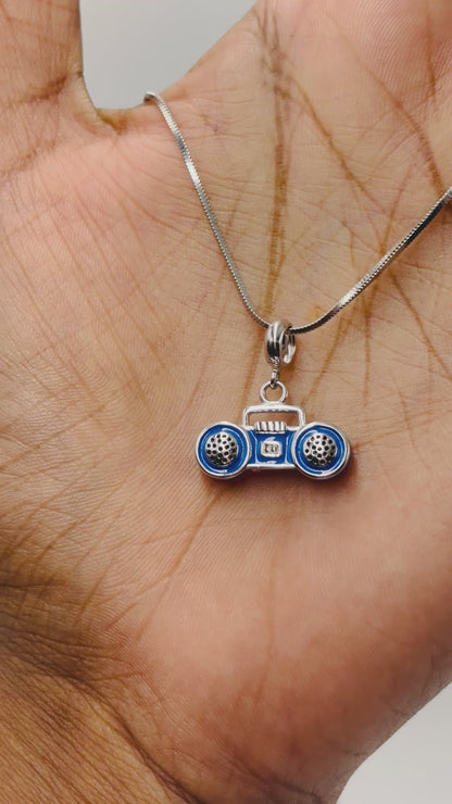 Sterling Silver Boombox Charm with Blue Enamel – 80s Retro Radio Pendant for Bracelets & Necklaces