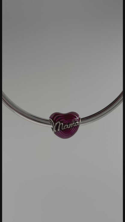 Mama Heart Charm in Sterling Silver – Red Enamel Bead with Engraved Script