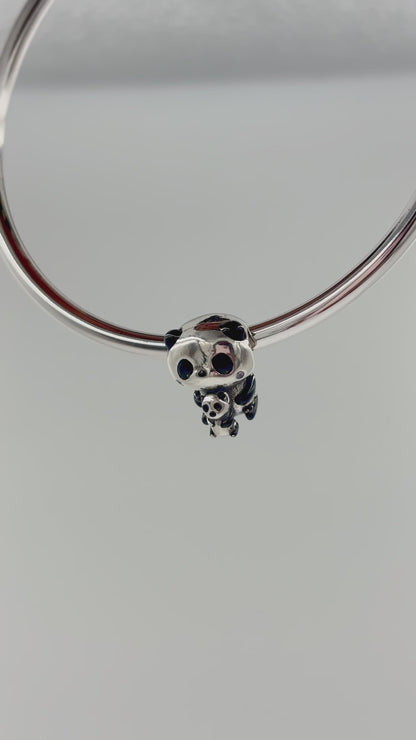 Sterling Silver Panda Charm with Baby – Enamel Animal Bead for Bracelet