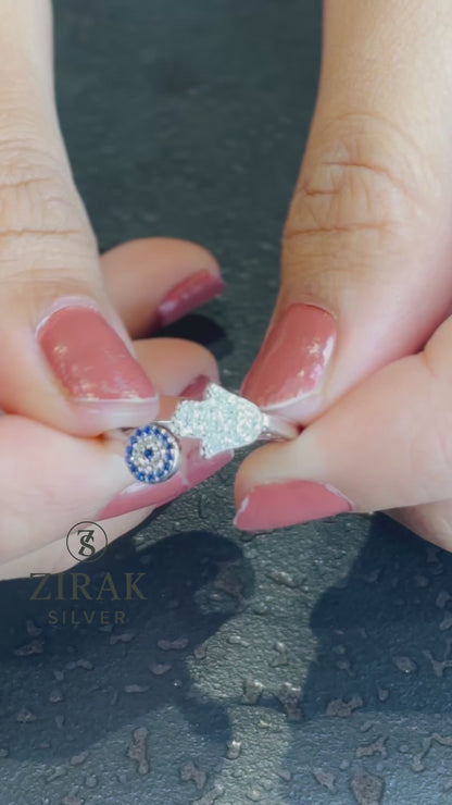 925 Silver Hamsa Evil Eye Ring | Sterling Silver Protection Adjustable Ring for Women