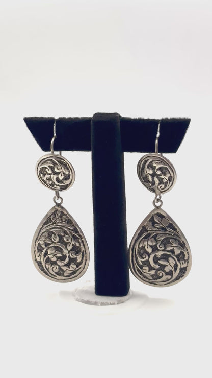 Vriti Earrings – Oxidised 925 Silver Engraved Teardrop Dangle Earrings