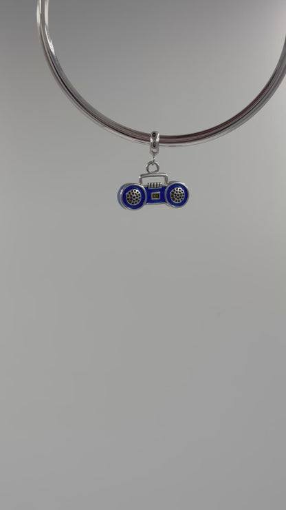 Sterling Silver Boombox Charm with Blue Enamel – 80s Retro Radio Pendant for Bracelets & Necklaces