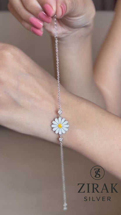 Sterling Silver Daisy Flower Bracelet – White Enamel Blossom & Cubic Zirconia Accents