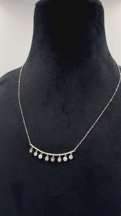 Sterling Silver Evil-Eye Bar Necklace with CZ Dangle Charms