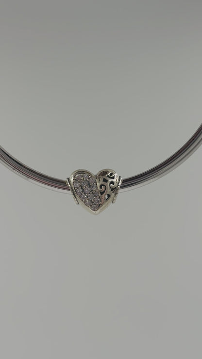 Elegant Sterling Silver Cubic Zirconia Heart Charm with Swirl Cutout