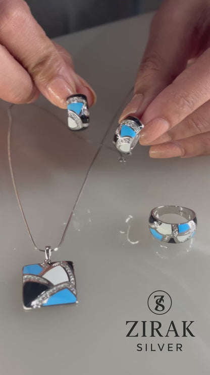 Sterling Silver Geometric Enamel Square Jewelry Set – Turquoise, Black & White with Pavé CZ