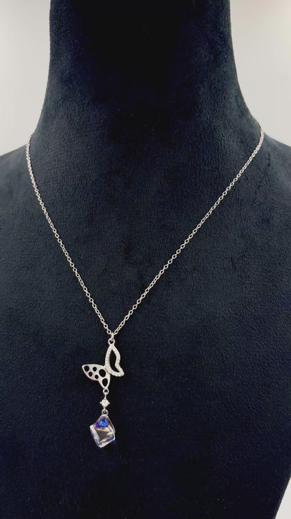 Sterling Silver Butterfly Y-Drop Necklace with Aurora Borealis Cube Crystal & CZ Accents