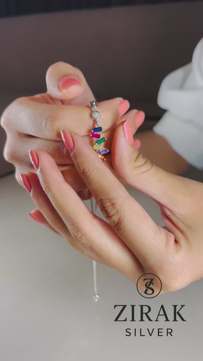 Adjustable Rainbow Baguette CZ Bolo Bracelet in 925 Sterling Silver with Bezel Accents