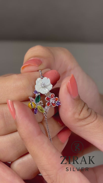 Garden-Blossom Sterling-Silver Bolo Bracelet | Mother-of-Pearl Flower, Bee & Rainbow CZ