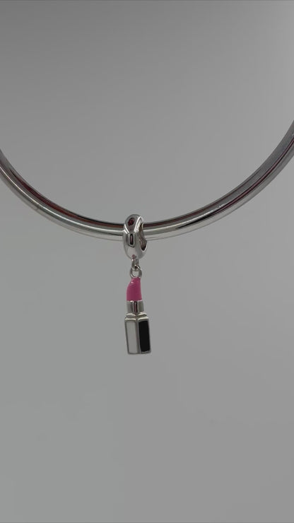 Pink Lipstick Charm in 925 Silver with Black Enamel