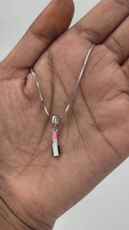 Pink Lipstick Charm in 925 Silver with Black Enamel