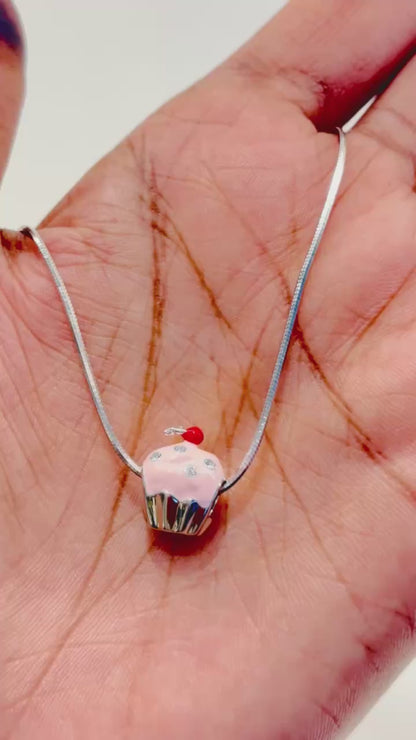 925 Sterling Silver Pink Cupcake Charm with CZ Sprinkles & Red Enamel Cherry