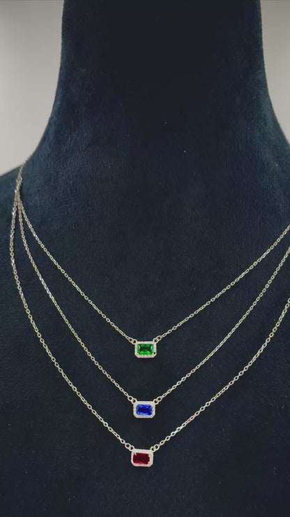 Tri-Gem Layered Necklace – Emerald, Sapphire & Ruby CZ Bars in Sterling Silver