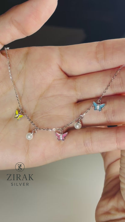 Sterling Silver Butterfly & Pearl Charm Bracelet – Blue, Pink, Yellow Enamel