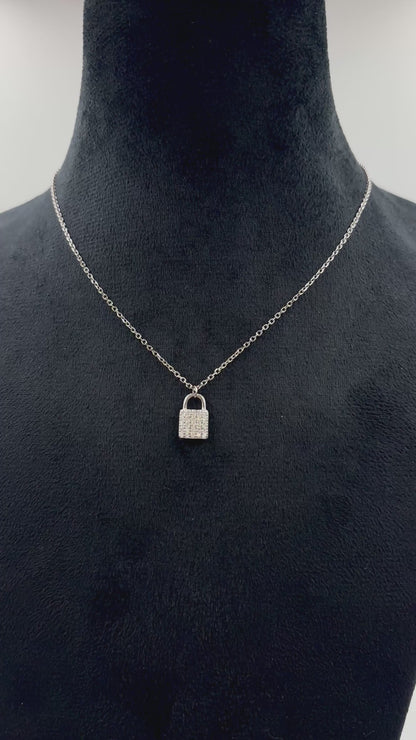 925 Silver Lock Pendant Necklace with Zircon Accents
